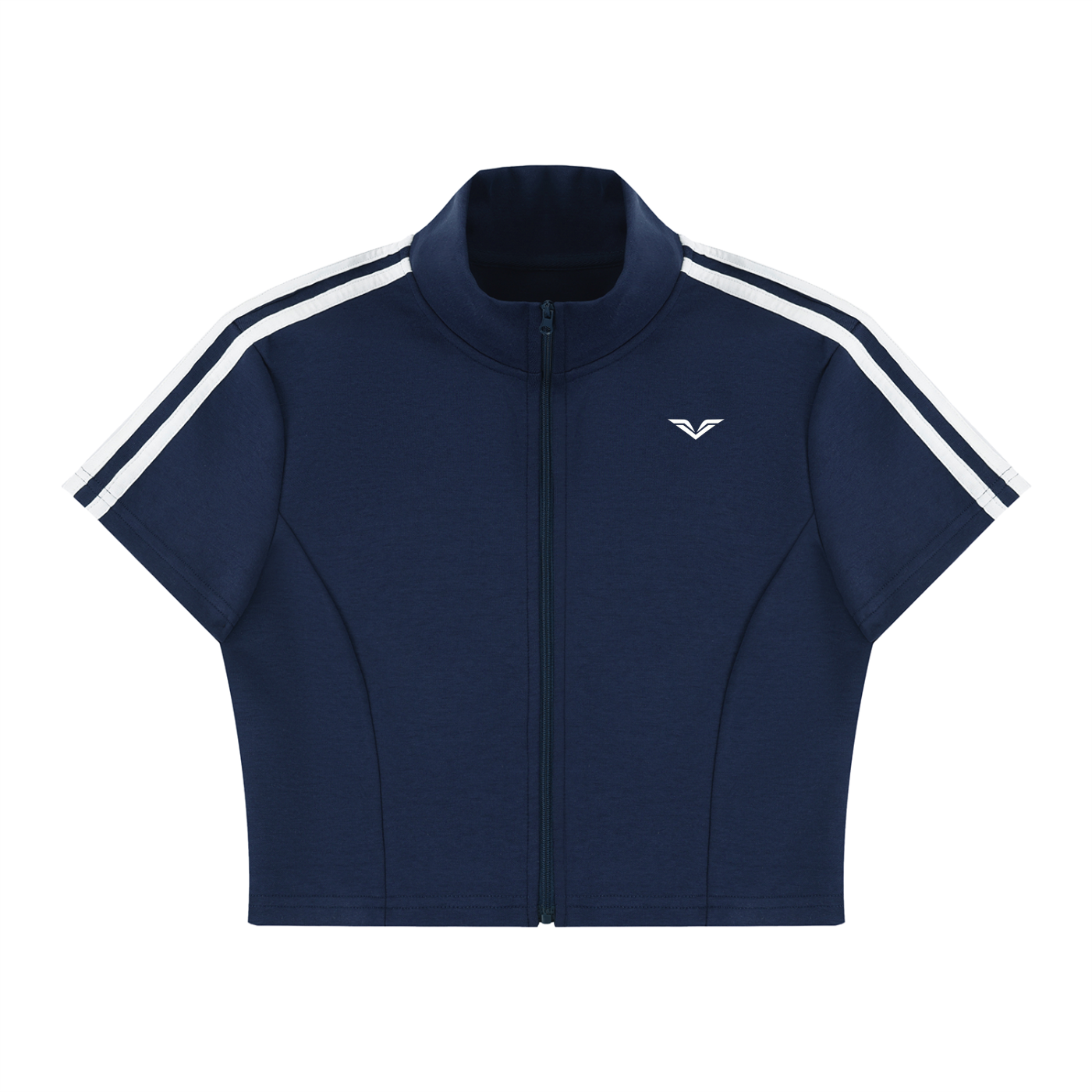 Wing Logo Cropped Full-Zip Short Sleeve Top in Navy Blue, flat lay.