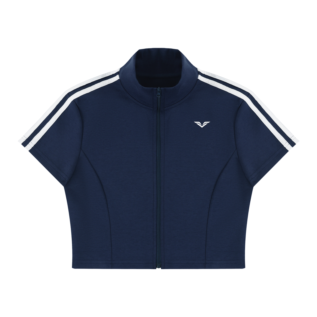 Wing Logo Cropped Full-Zip Short Sleeve Top in Navy Blue, flat lay.