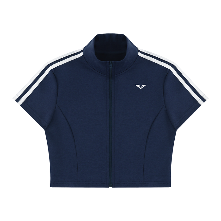 Wing Logo Cropped Full-Zip Short Sleeve Top in Navy Blue, flat lay.