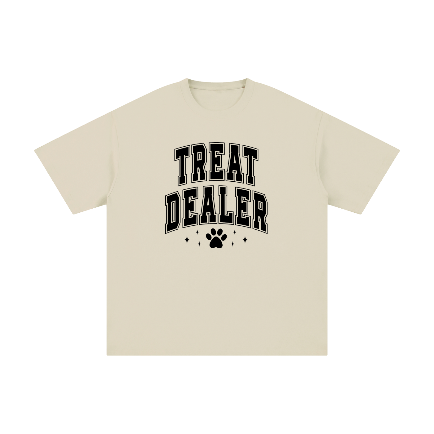 Treat Dealer Varsity Paw Print Cotton Tee in Light Apricot, flat lay.