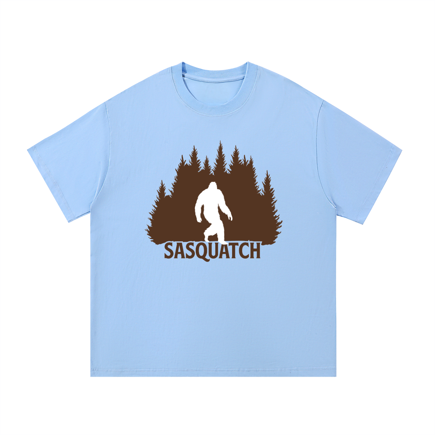 Sasquatch Forest Silhouette Cotton Tee in Blue, flat lay.
