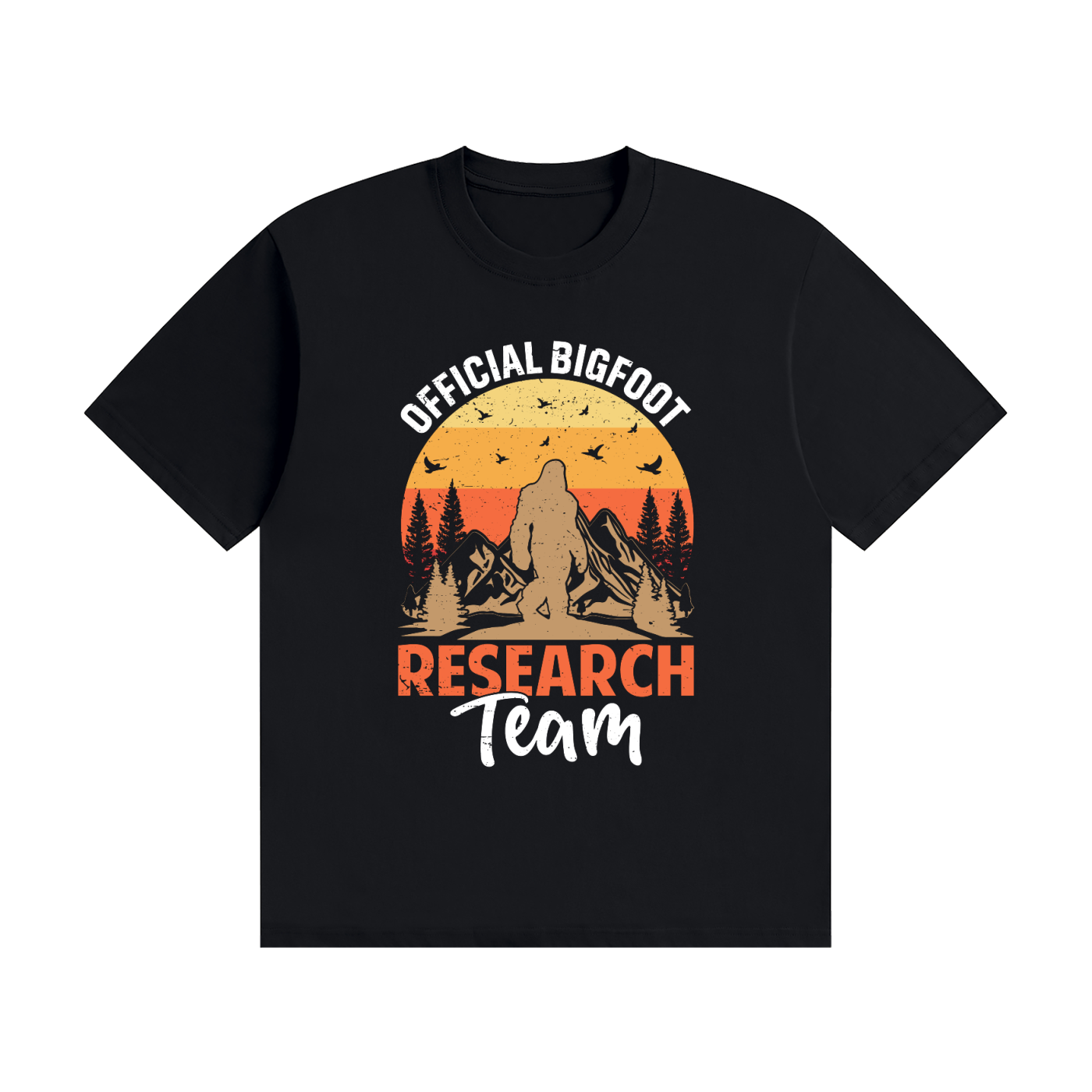 Official Bigfoot Research Team Retro Sunset Tee in Black, flat lay.