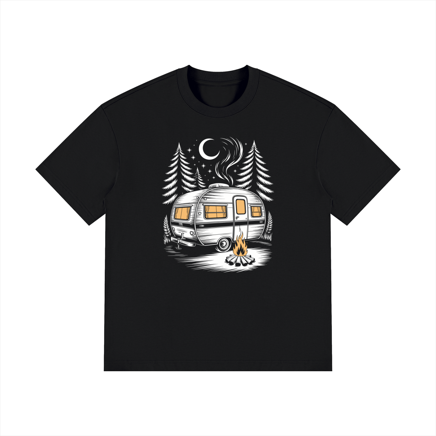 Night Camp Caravan Illustrated Cotton Tee in Black, flat lay.
