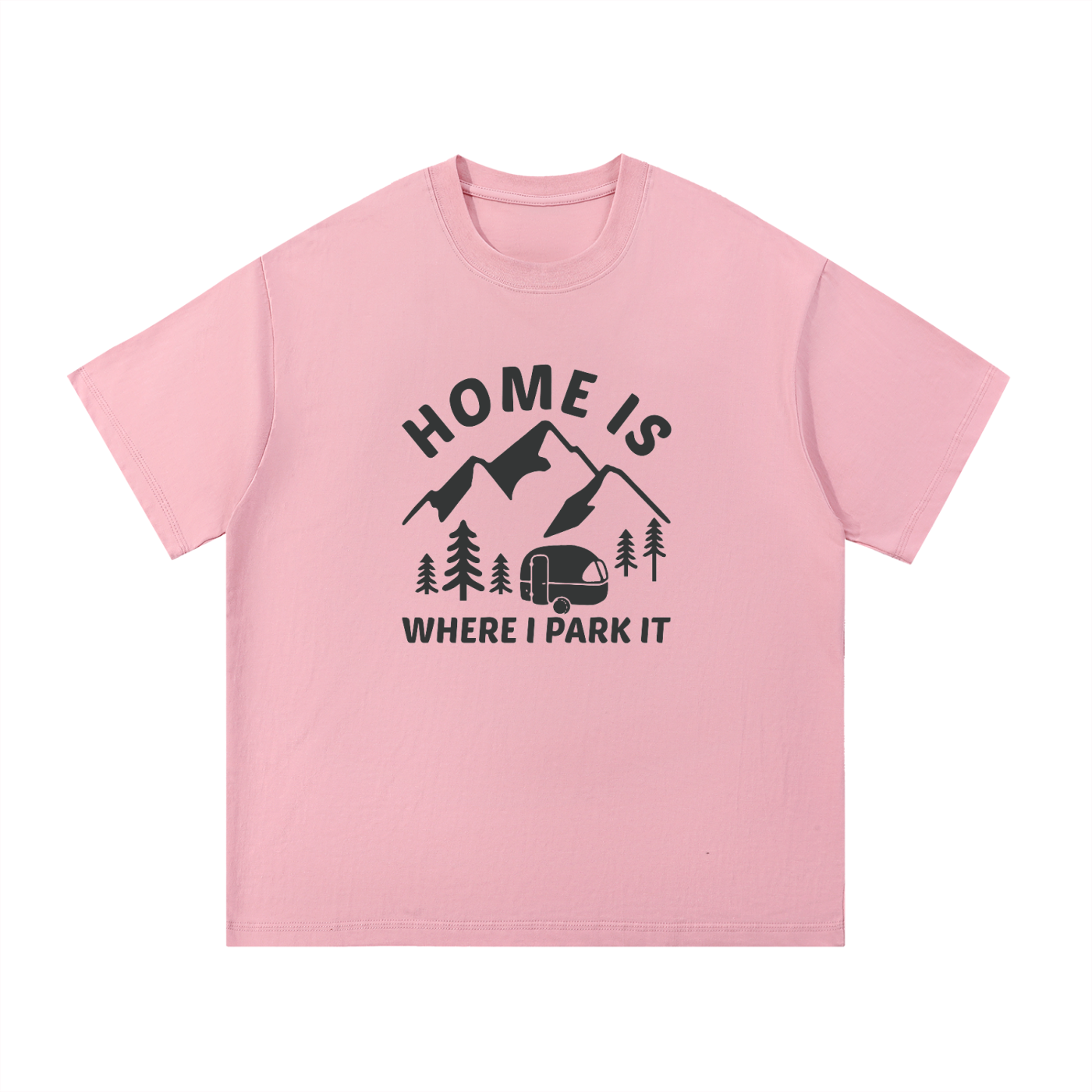 Home Is Where I Park It Tonal Caravan Tee in Pink, flat lay.