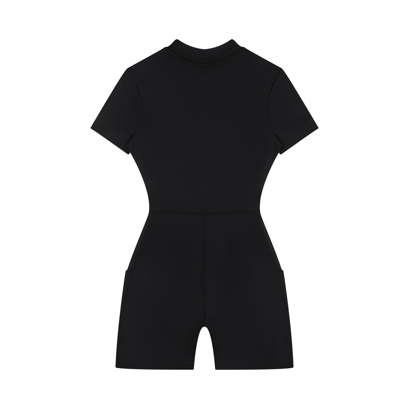 Wing Logo Quarter-Zip Short Sleeve Romper in Black, back view.