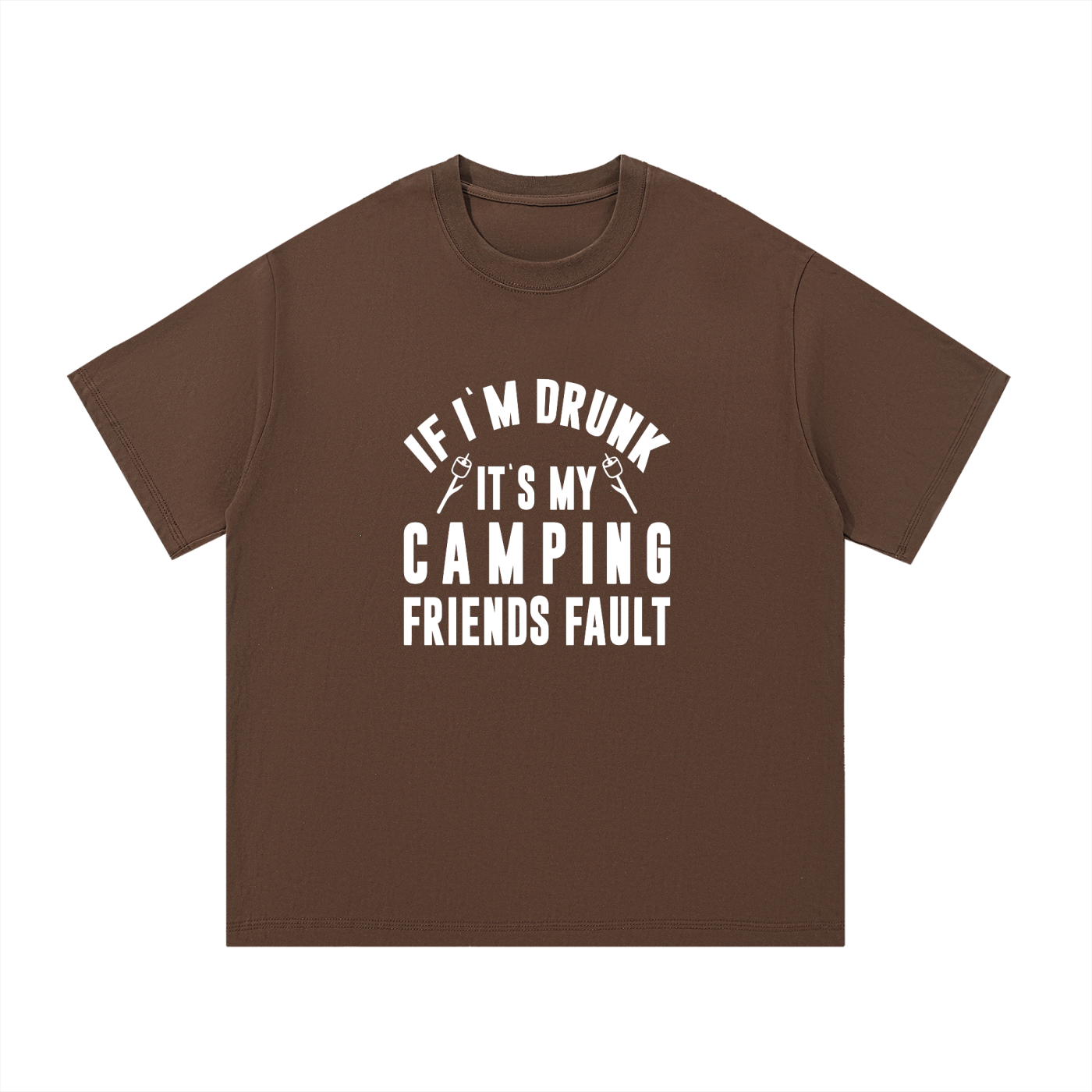 It's My Camping Friends' Fault Funny Tee in Coffee, flat lay.