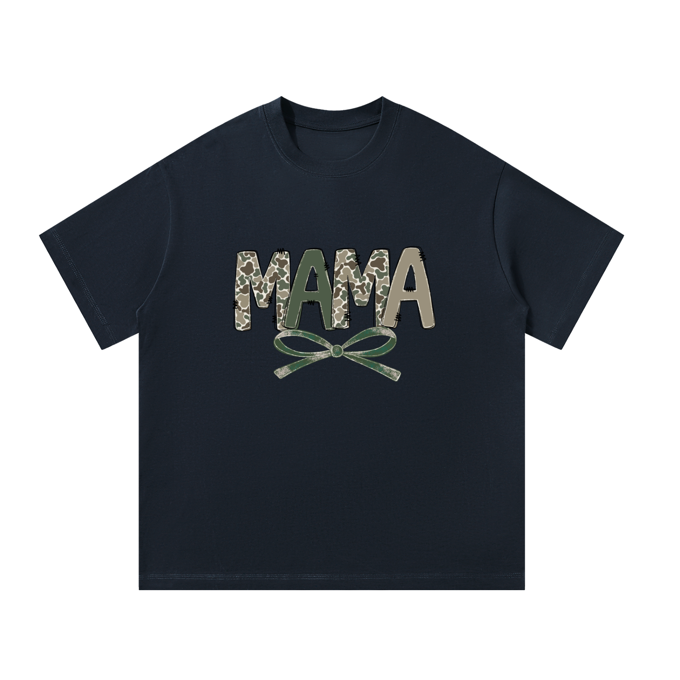 Mama Camo Letter Bow Faux Embroidery Tee in Navy Blue, flat lay.