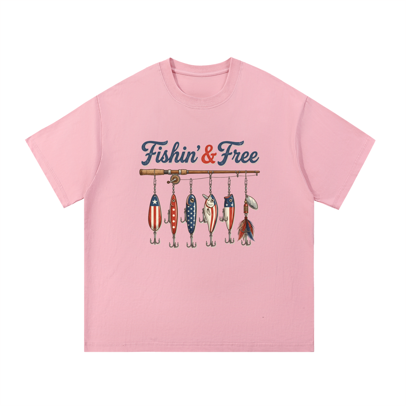 Fishin' And Free Patriotic Lure Cotton Tee in Pink, flat lay.