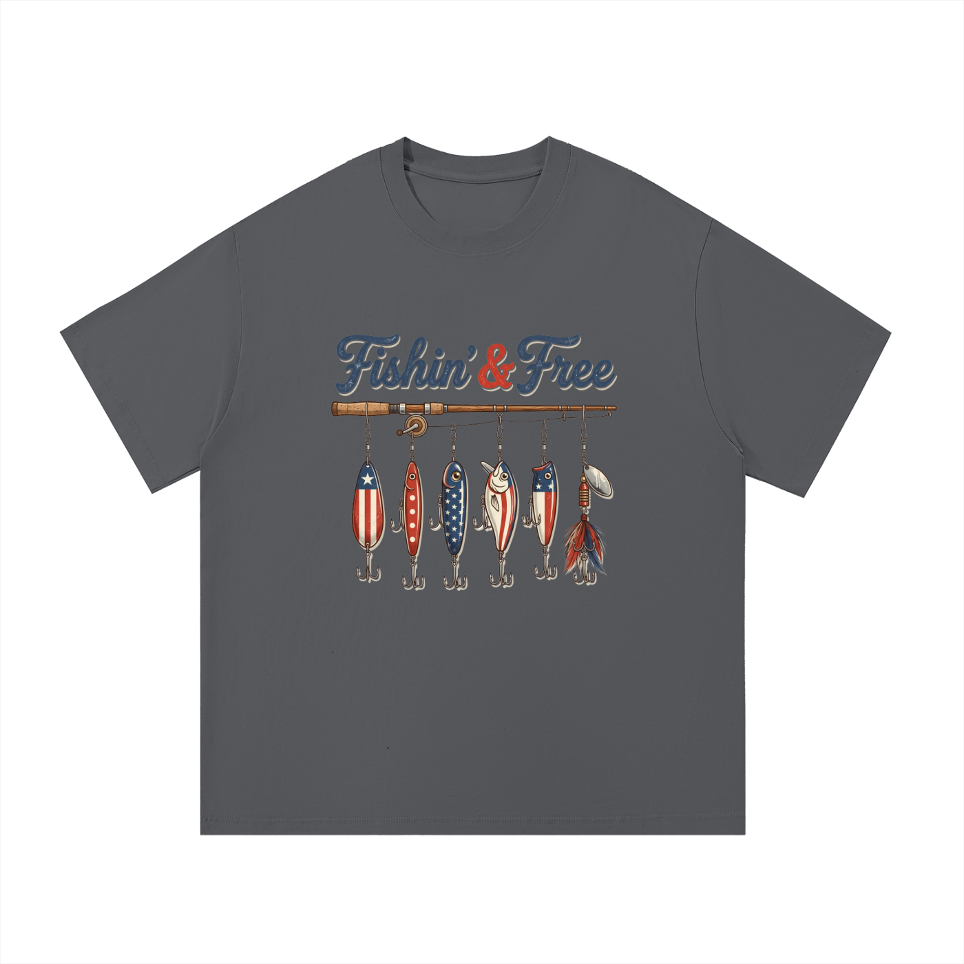 Fishin' And Free Patriotic Lure Cotton Tee in Dark Gray, flat lay.