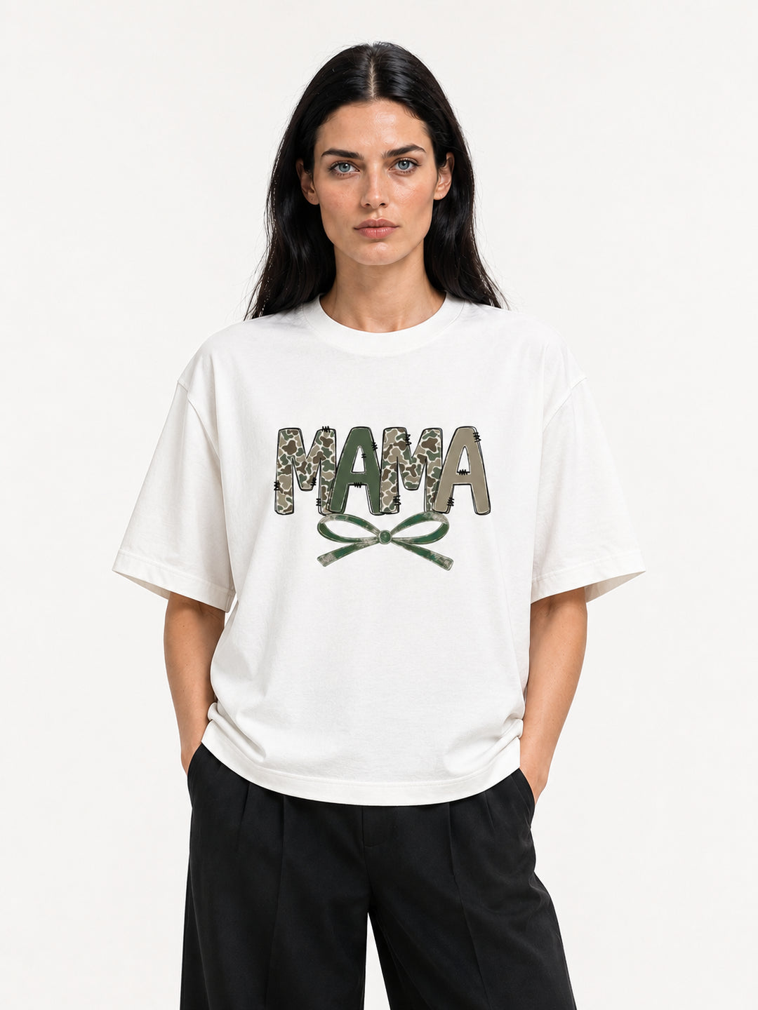 Mama Camo Letter Bow Faux Embroidery Tee