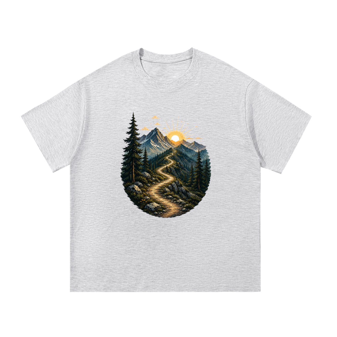 Mountain Trail Sunrise Illustrated Cotton Tee in White Gray, flat lay.