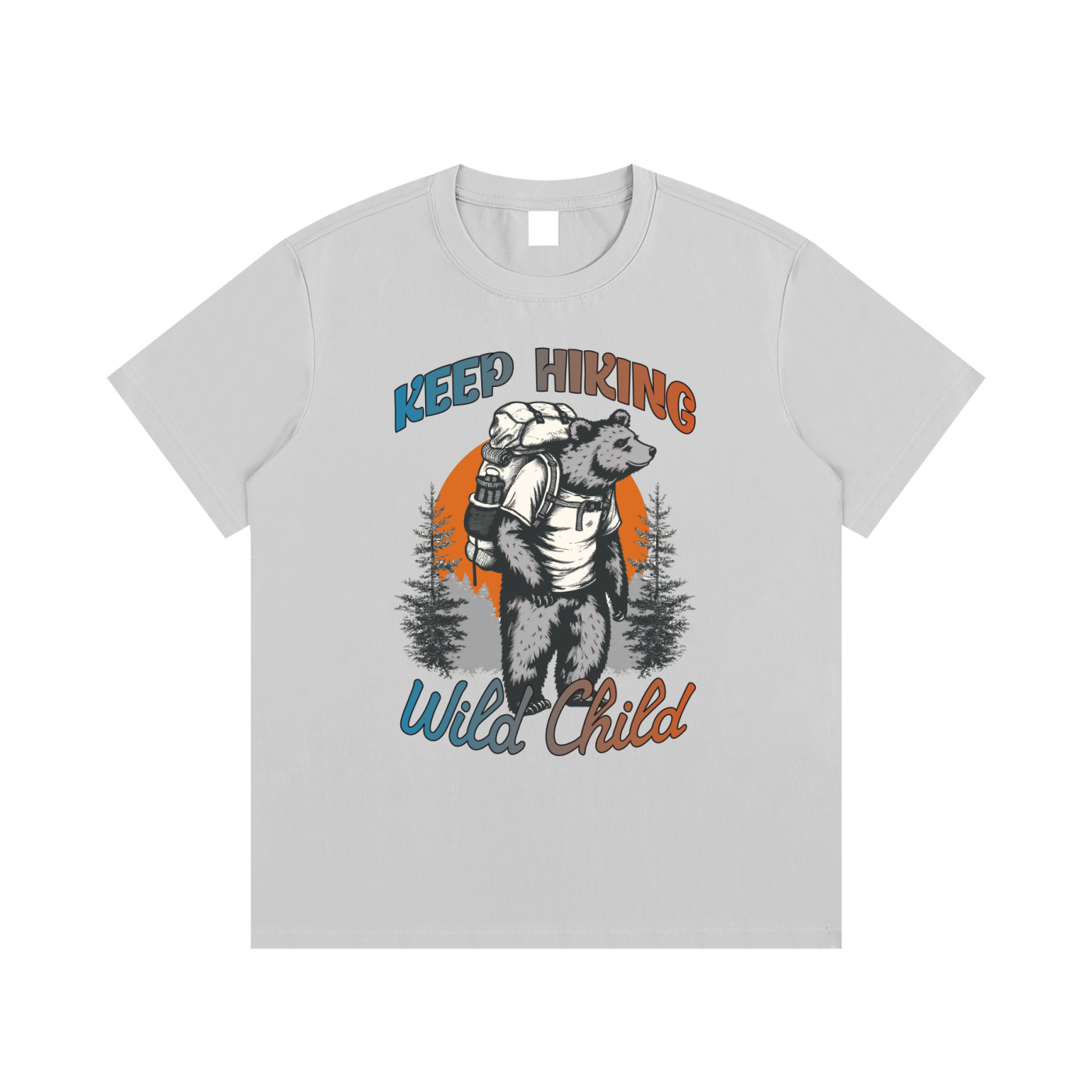 Keep Hiking Wild Child Backpacking Bear Tee in Light Gray, flat lay.