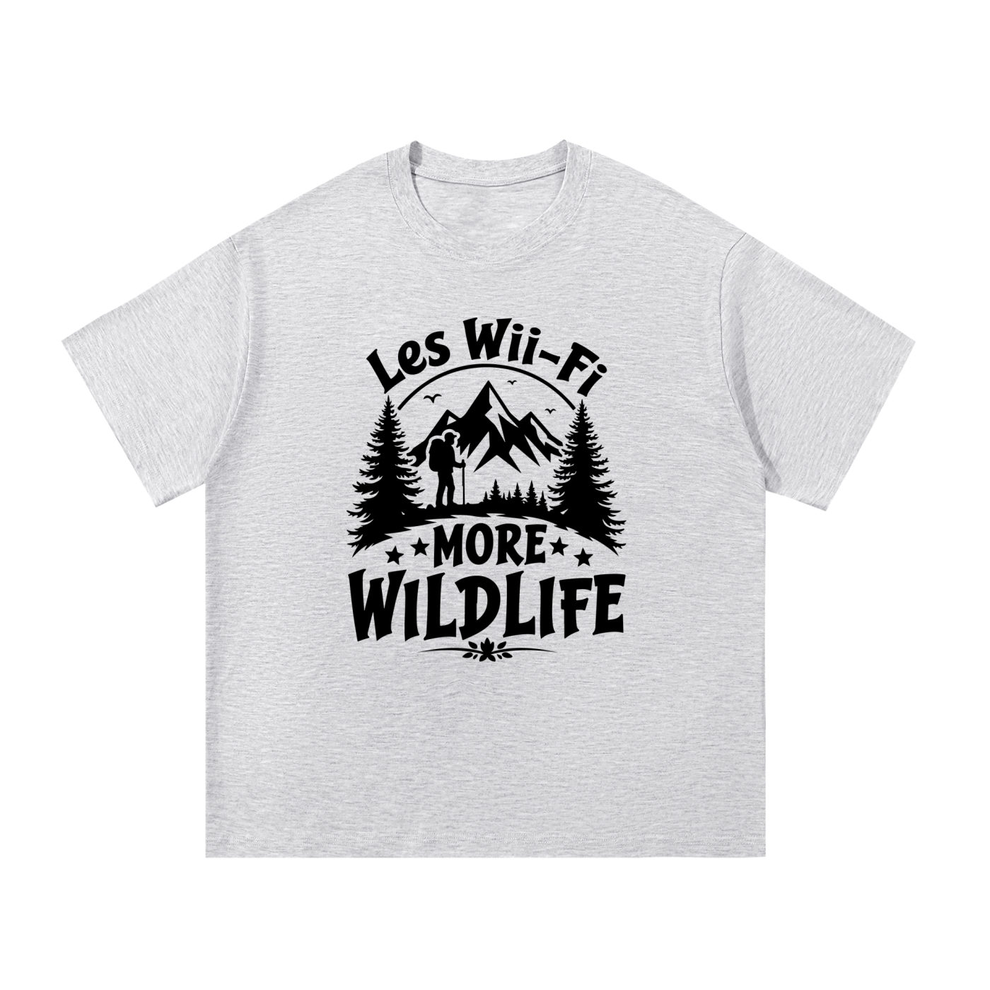 Less Wi-Fi More Wildlife Mountain Tee in White Gray, flat lay.