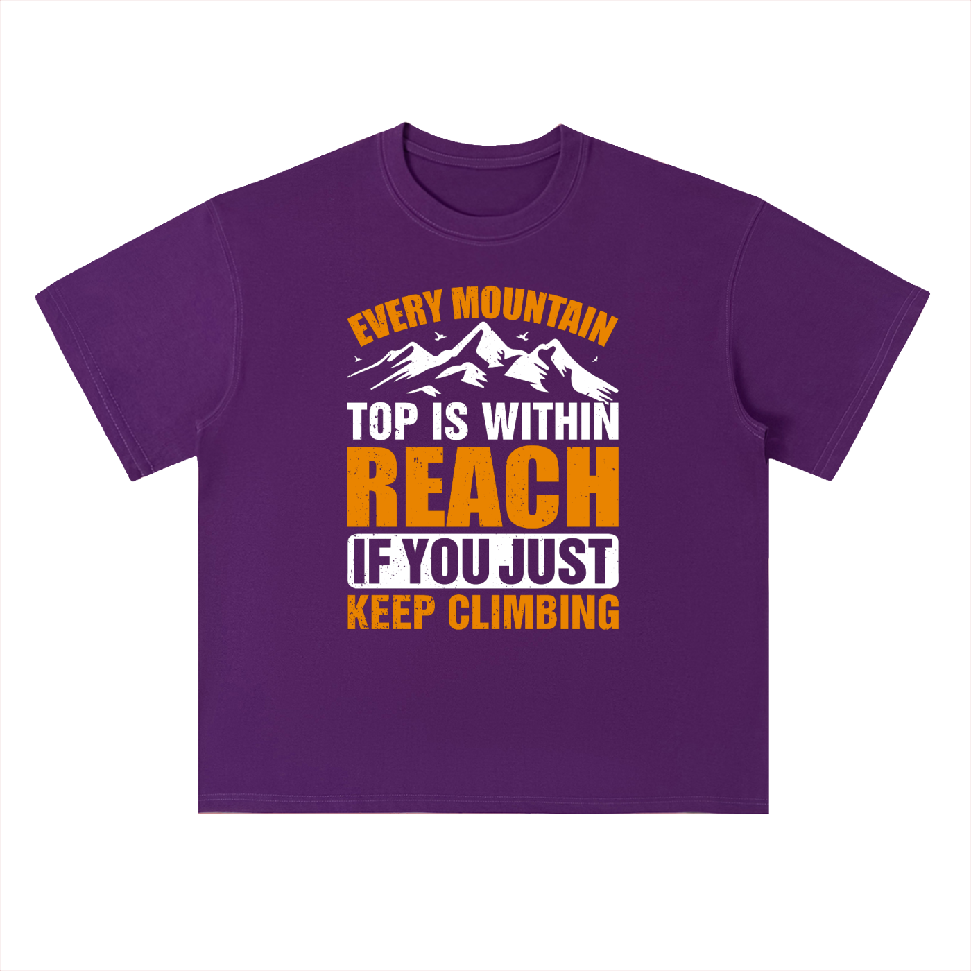 Every Mountain Top Is Within Reach Climbing Tee in Grape Purple, flat lay.