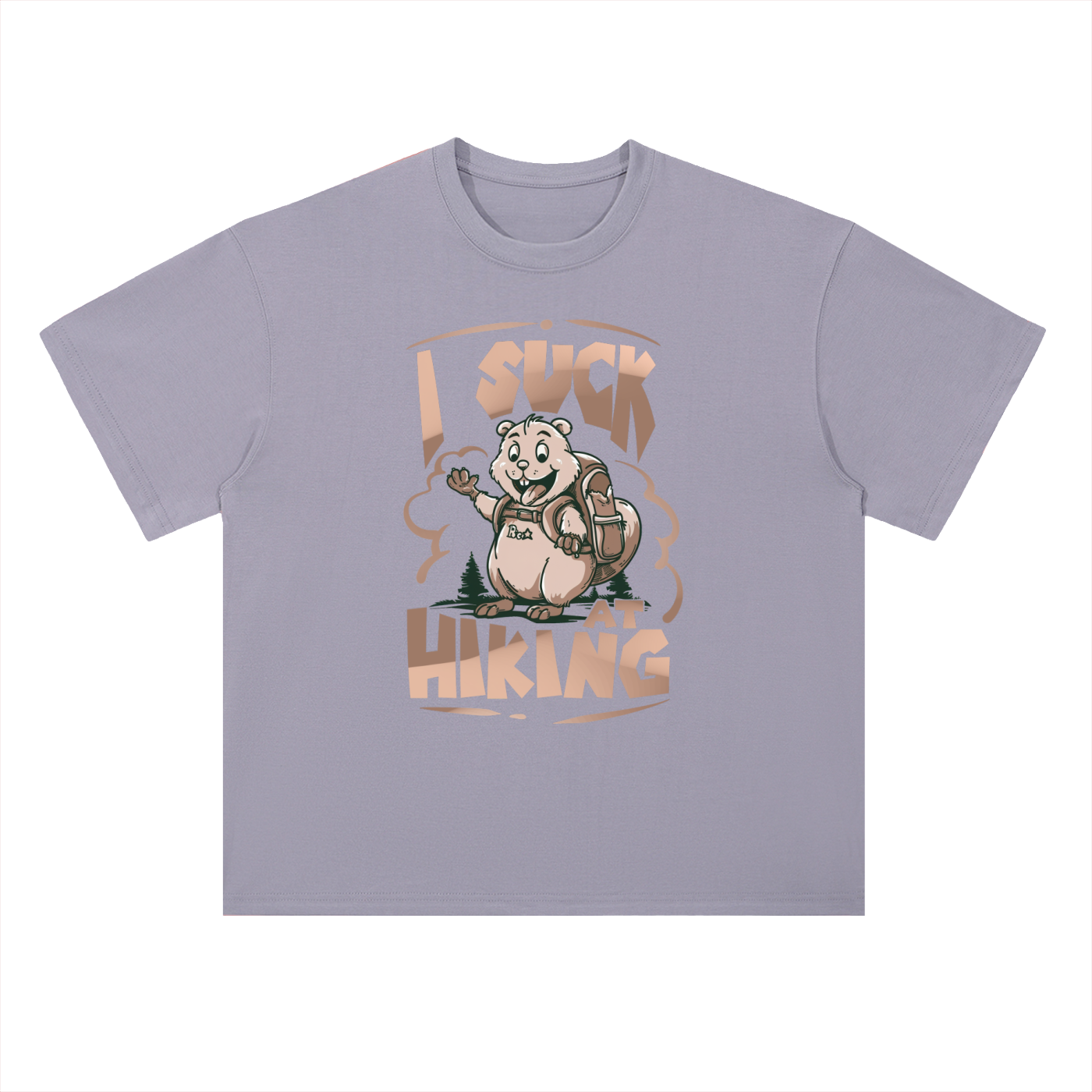 I Suck At Hiking Funny Cartoon Bear Tee in Light Purple, flat lay.