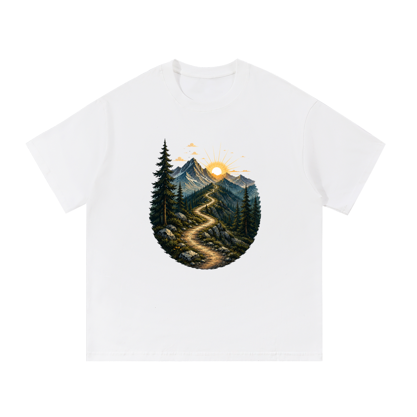 Mountain Trail Sunrise Illustrated Cotton Tee in White, flat lay.