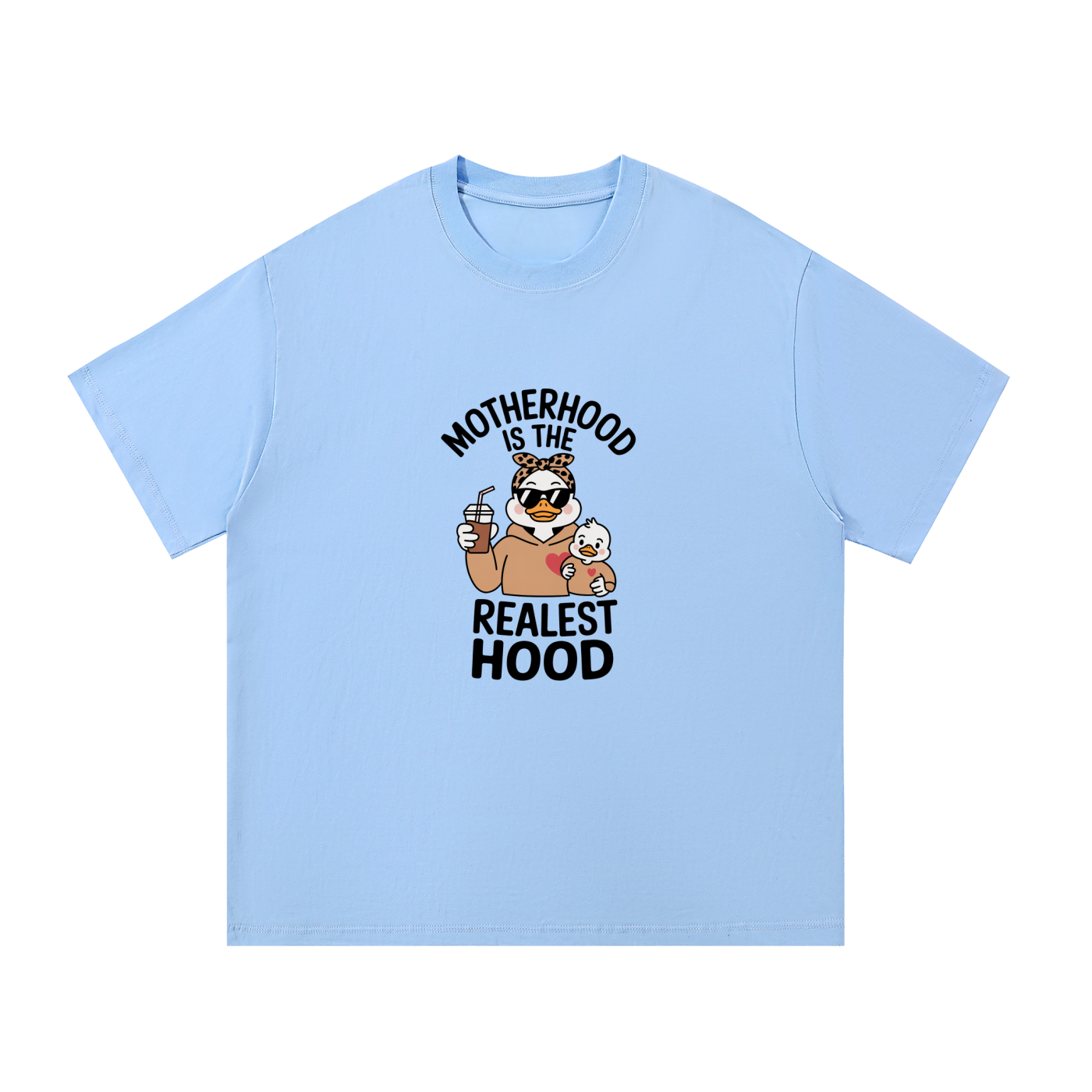 Motherhood Is The Realest Hood Funny Mama Tee in Blue, flat lay.
