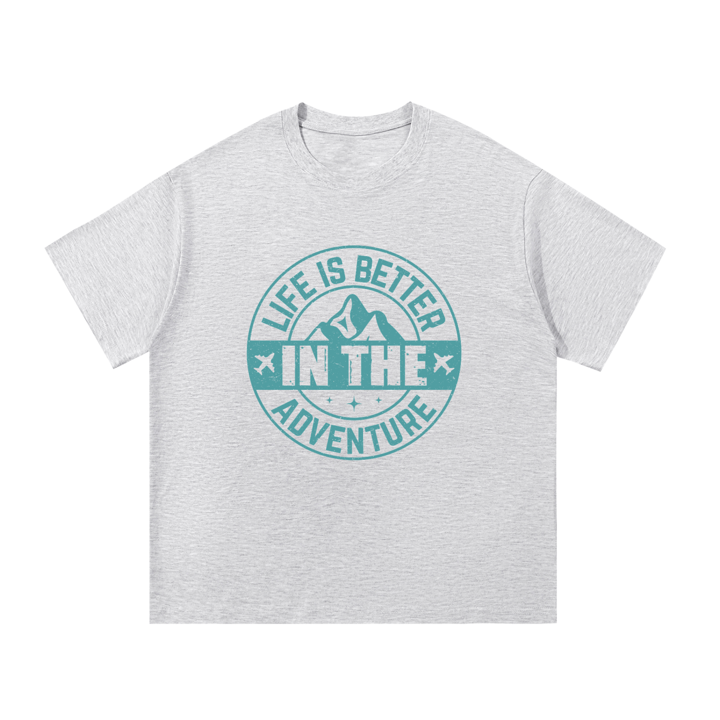 Life Is Better In The Adventure Mountain Badge Tee in White Gray, flat lay.