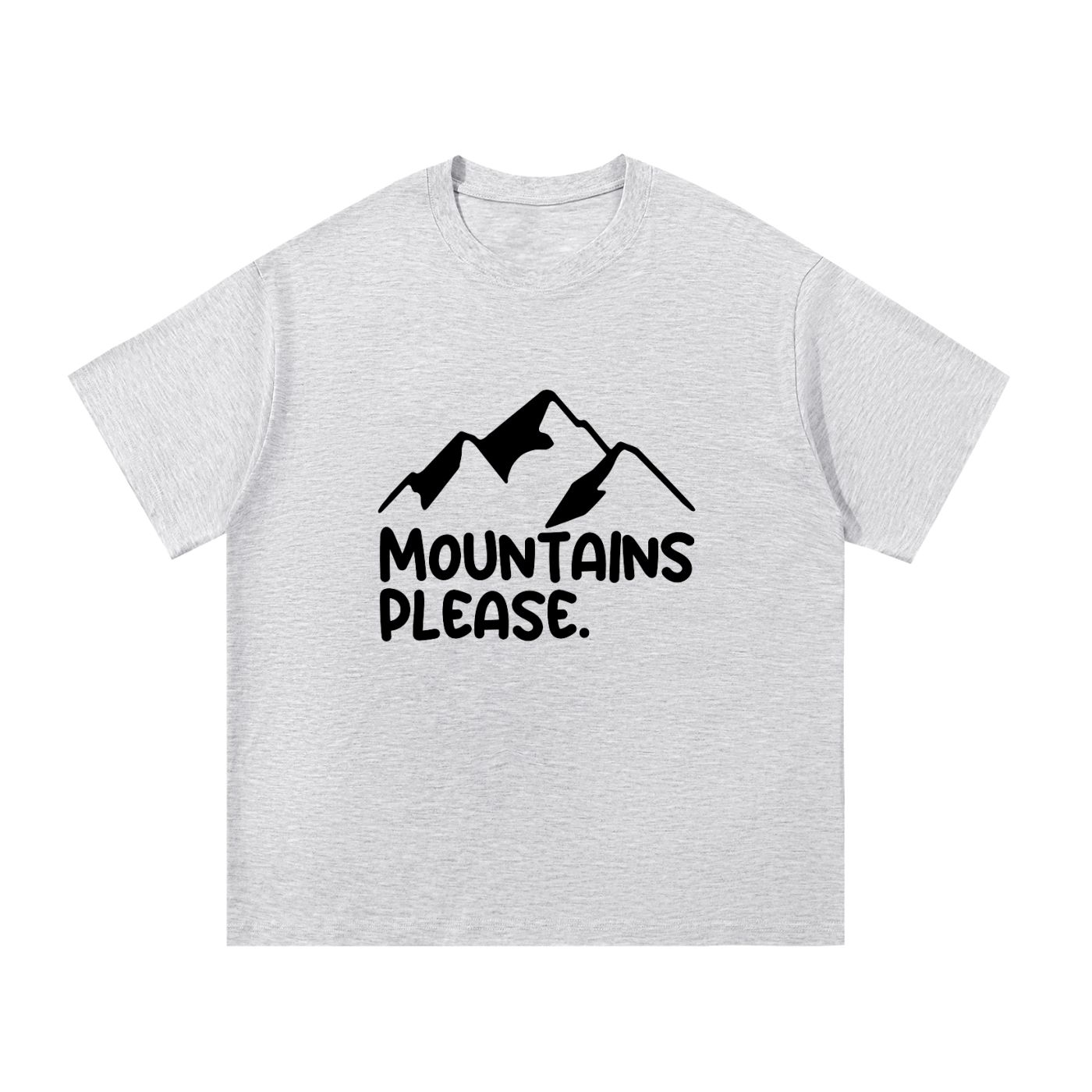 Mountains Please Minimal Line Mountain Tee in White Gray, flat lay.