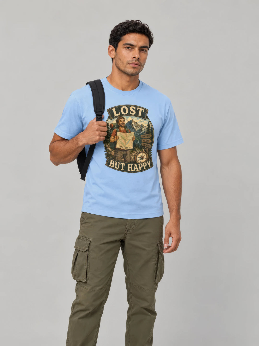 Model in a light-blue Lost But Happy hiking tee with a daypack
