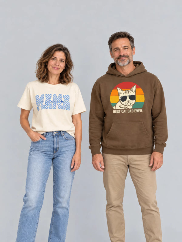 Mother and father in a Mama tee and Best Cat Dad Ever hoodie