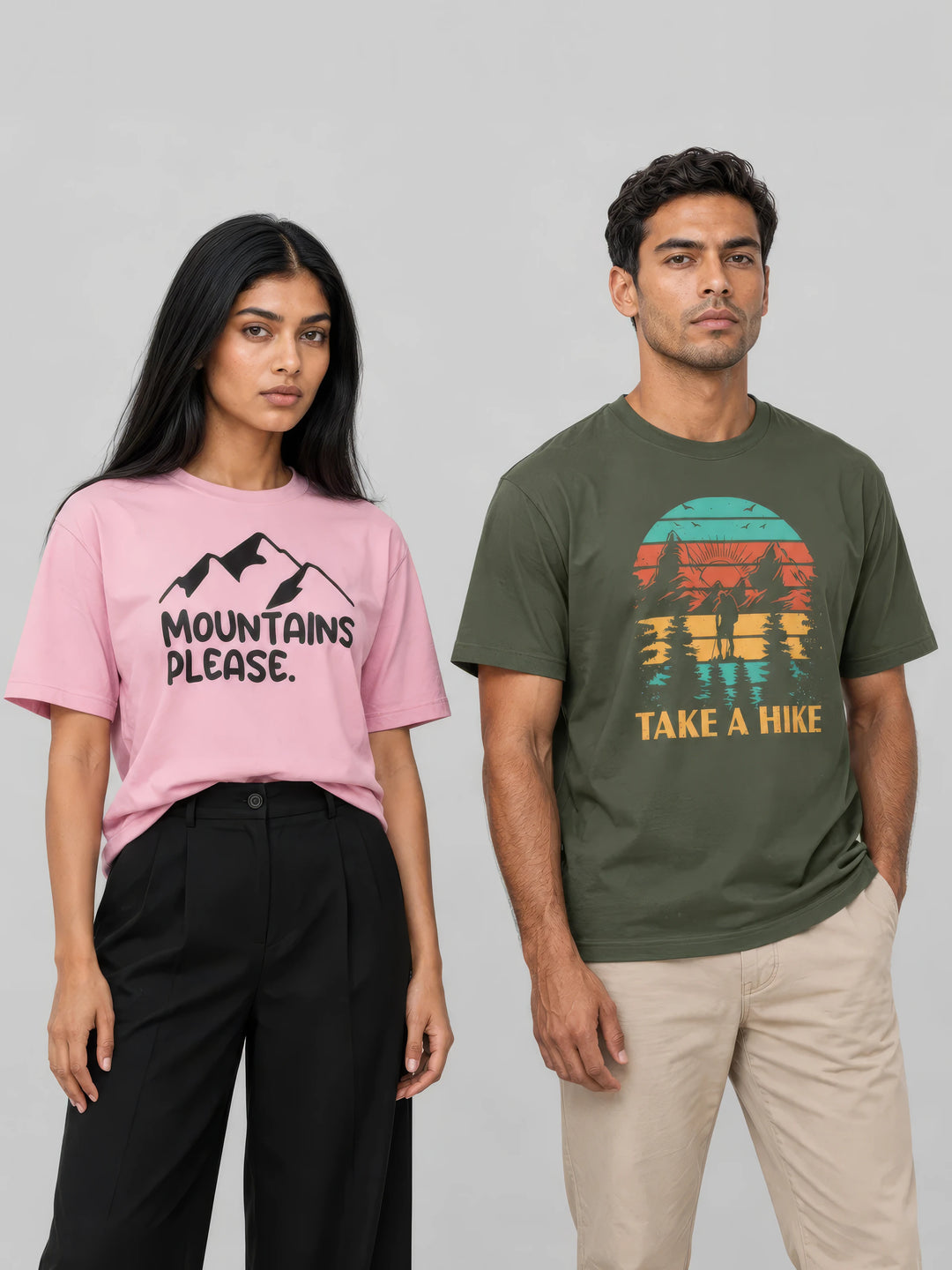 Two models in Mountains Please and Take A Hike tees