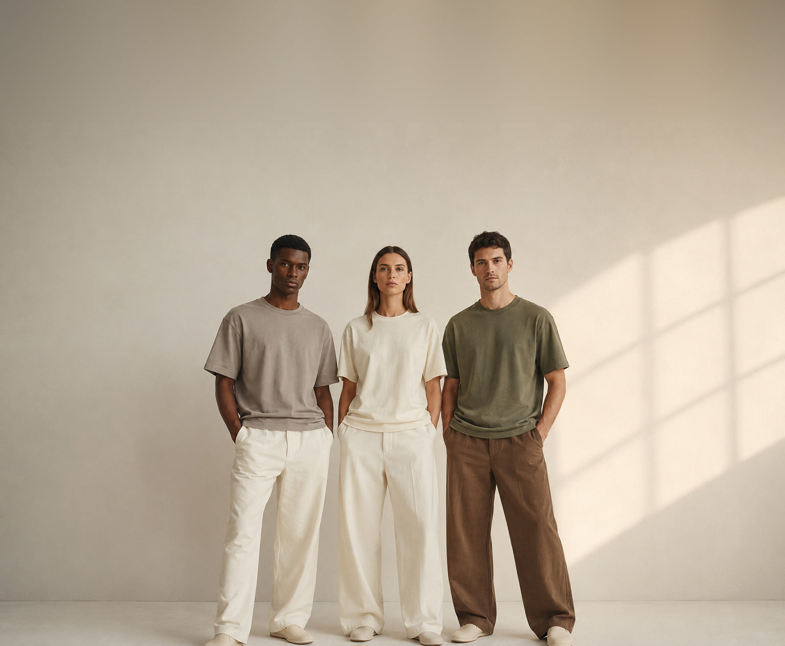 Translation missing: en.Three models wearing plain GALOVTE tees against a pale studio wall