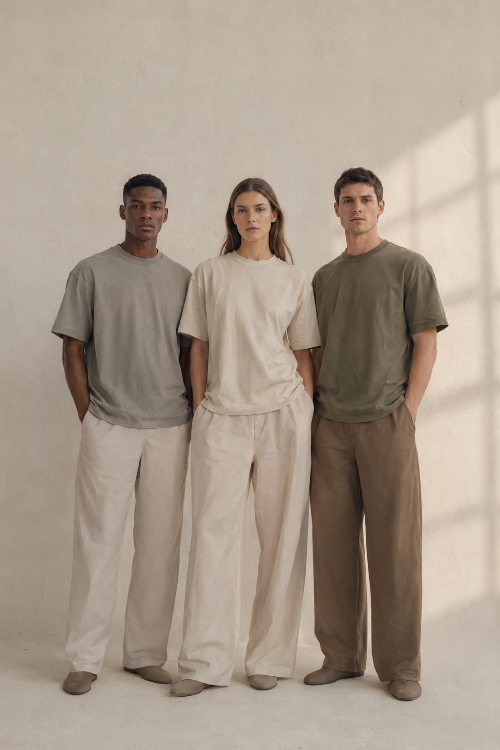 Translation missing: en.Three models wearing plain GALOVTE tees against a pale studio wall