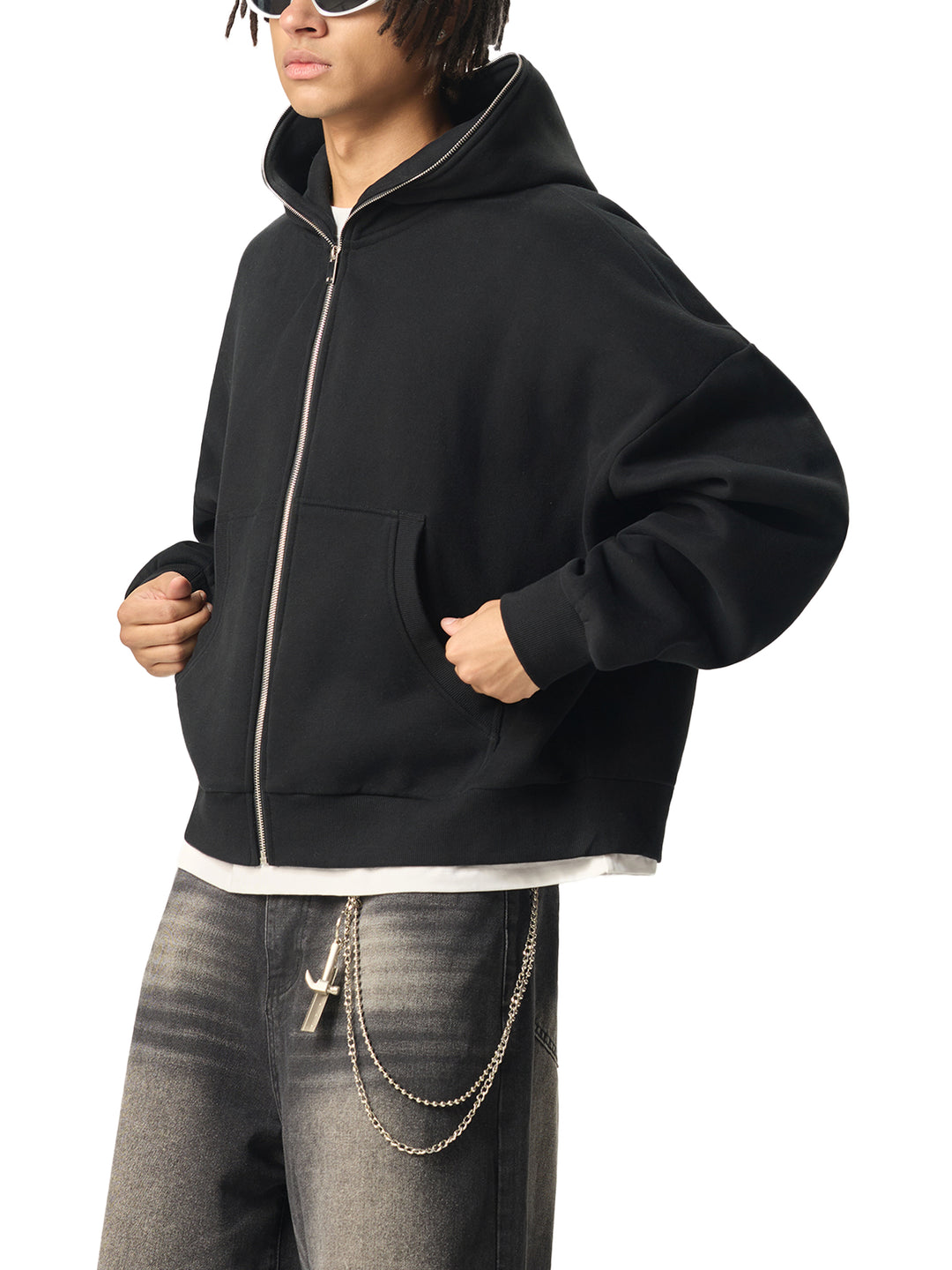MEN  HODDIES Fleeced Full-Zip Boxy Hoodie