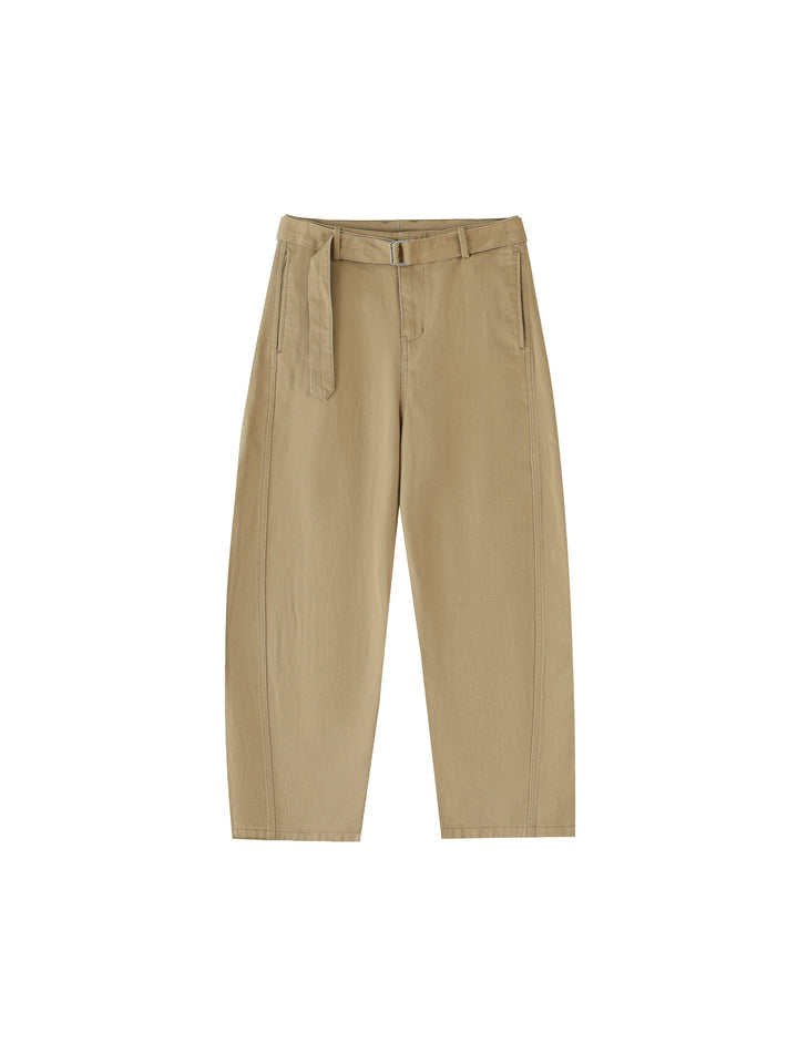 WOMEN PENT Belted Barrel-leg Chino Pants
