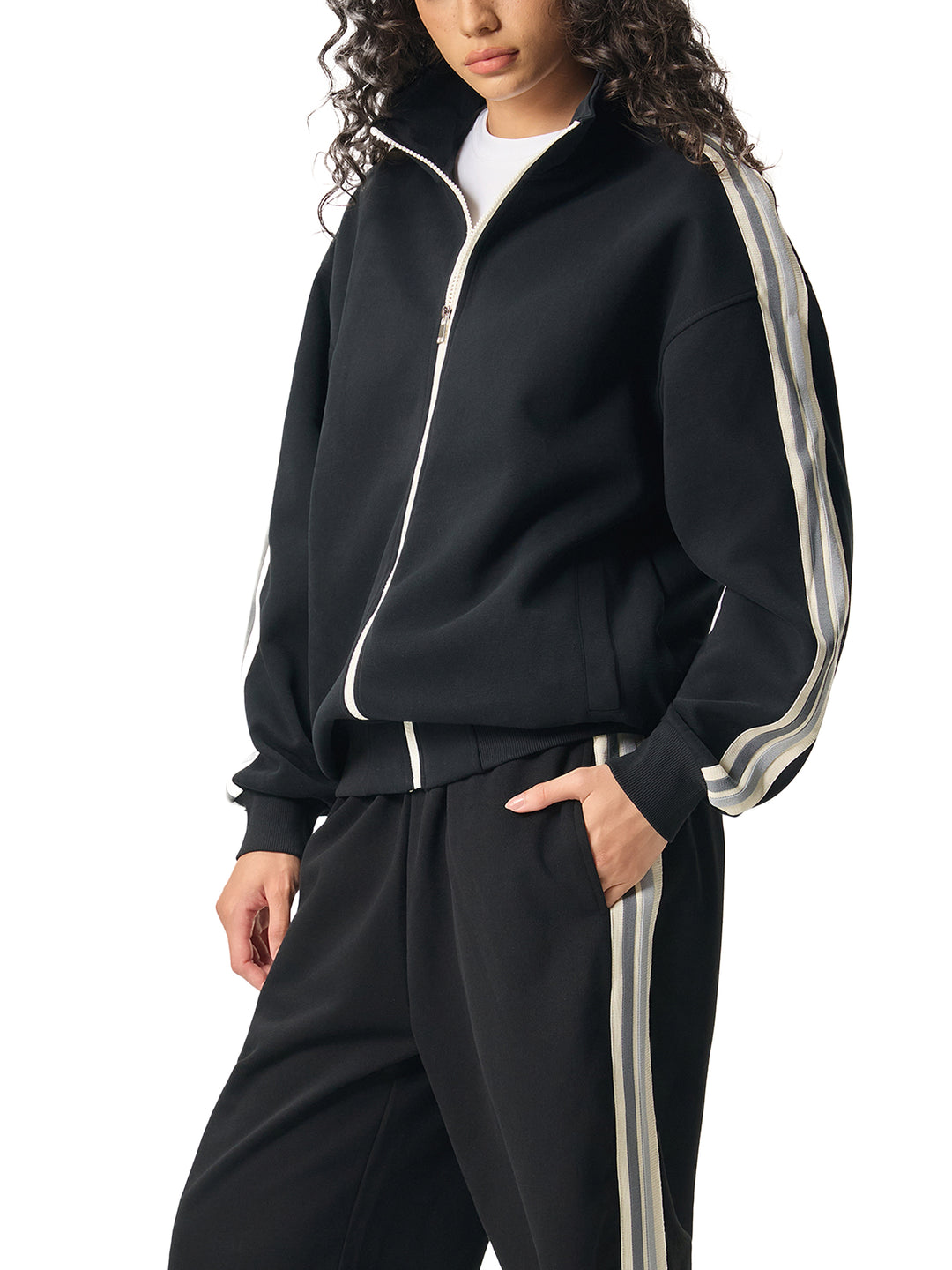 WOMEN COAT  AND JACKET Contrast Side-Stripe Stand Collar  Jacket