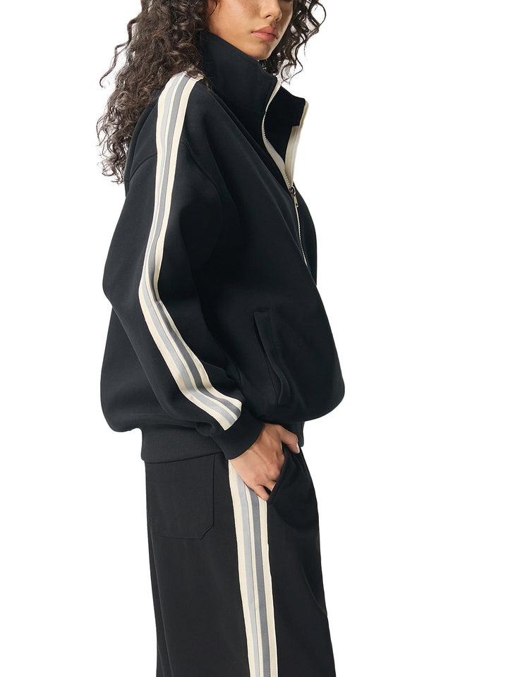 WOMEN COAT  AND JACKET Contrast Side-Stripe Stand Collar  Jacket