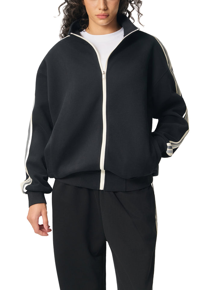 WOMEN COAT  AND JACKET Contrast Side-Stripe Stand Collar  Jacket