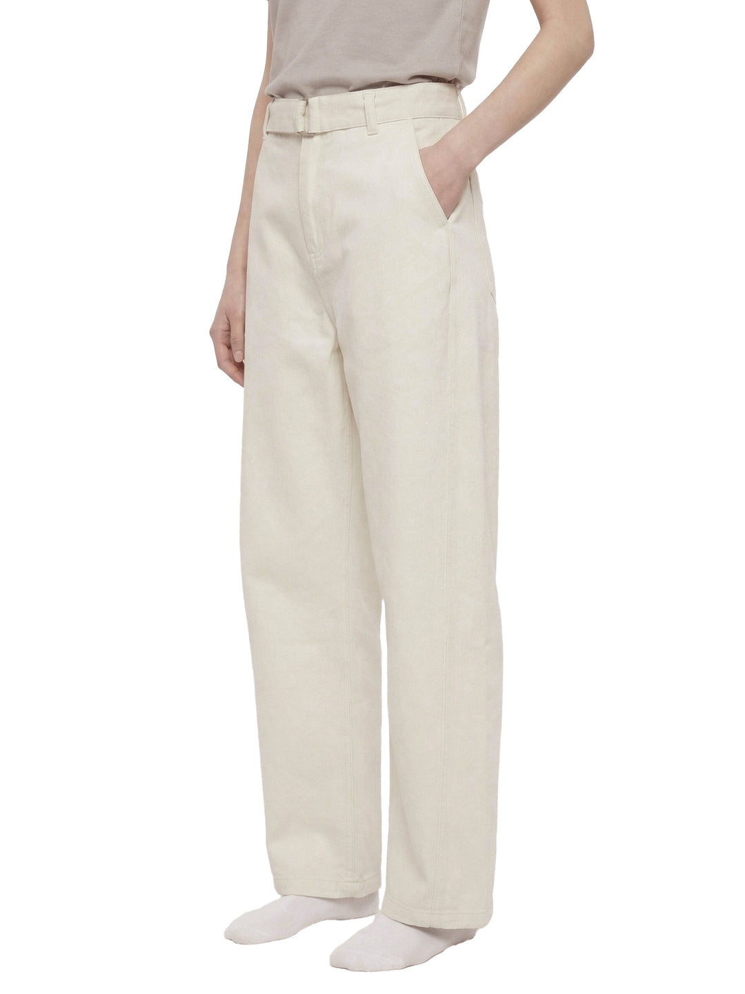 WOMEN PENT Belted Barrel-leg Chino Pants