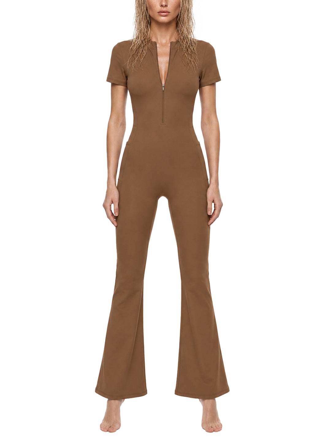 Women’s one piece Tight Flared Leg Quarter-Zip Jumpsuit
