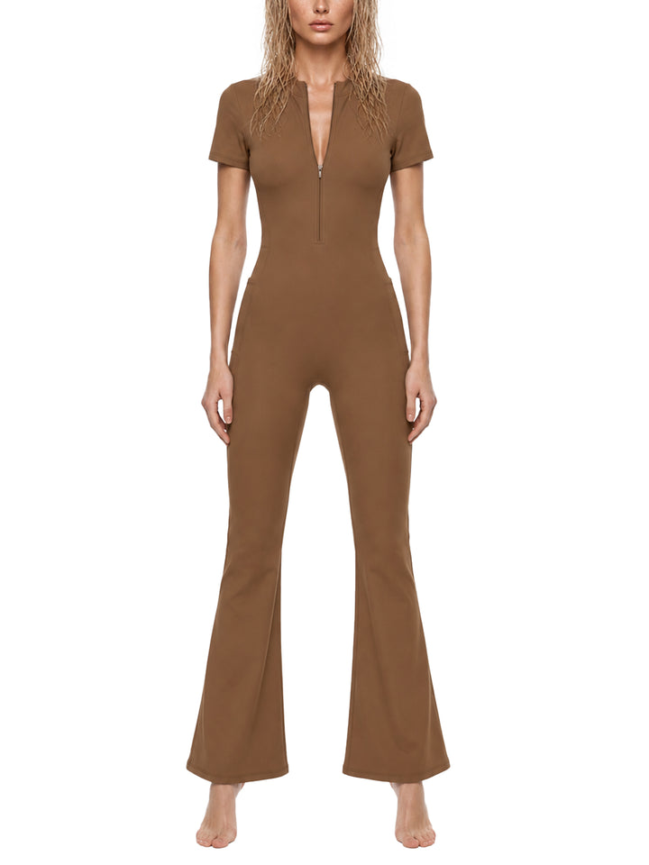 Women’s one piece Tight Flared Leg Quarter-Zip Jumpsuit