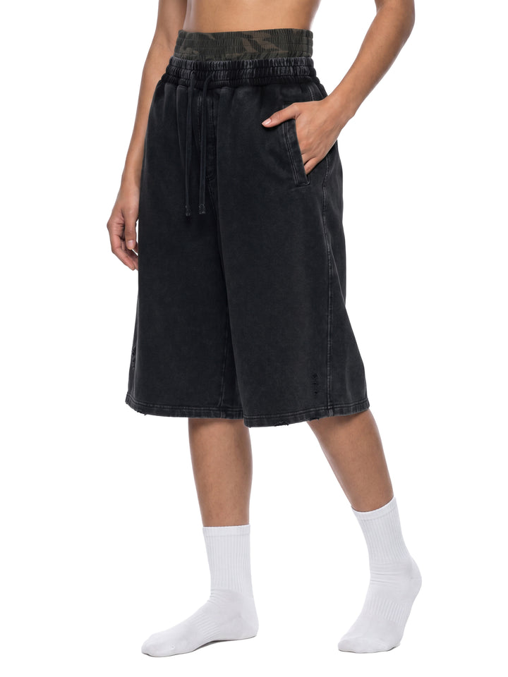 WOMEN PENT Vintage Wash Distressed Wide Leg Shorts