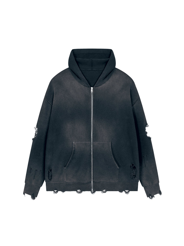 WOMEN HODDIES  Distressed Full Zip Sweater