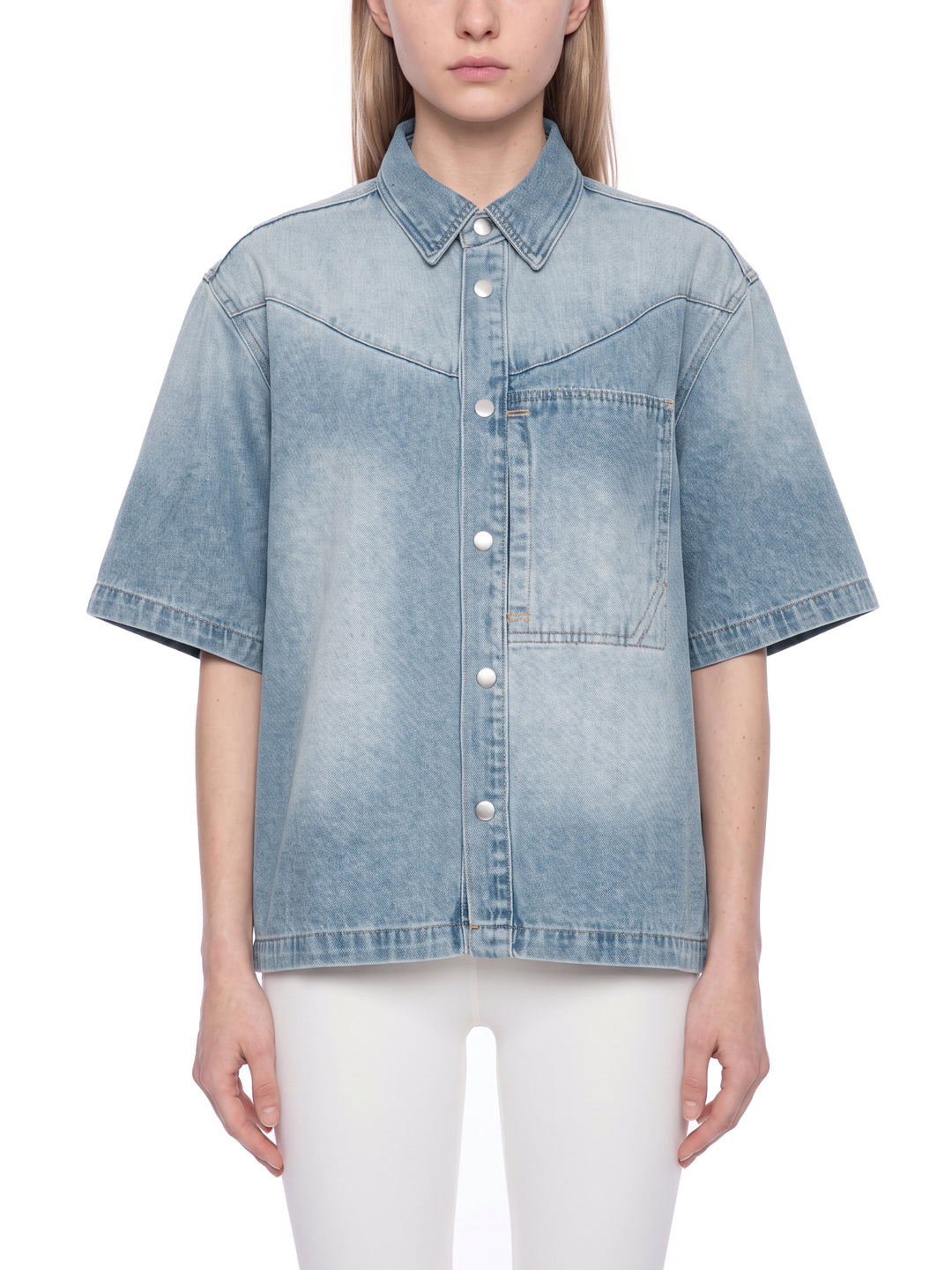 WOMEN TSHIRT  Vintage Wash Boxy Short Denim Shirt
