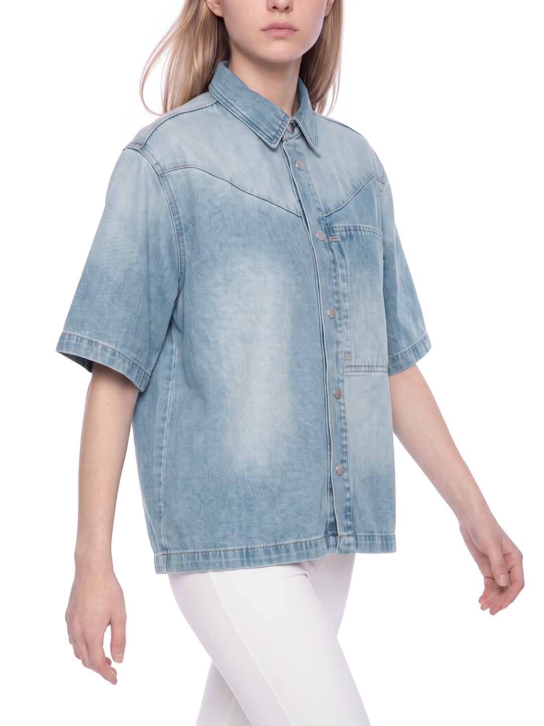 WOMEN TSHIRT  Vintage Wash Boxy Short Denim Shirt
