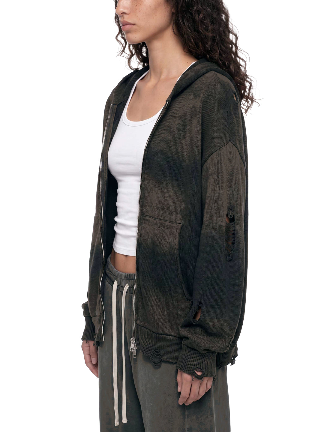 WOMEN HODDIES  Distressed Full Zip Sweater