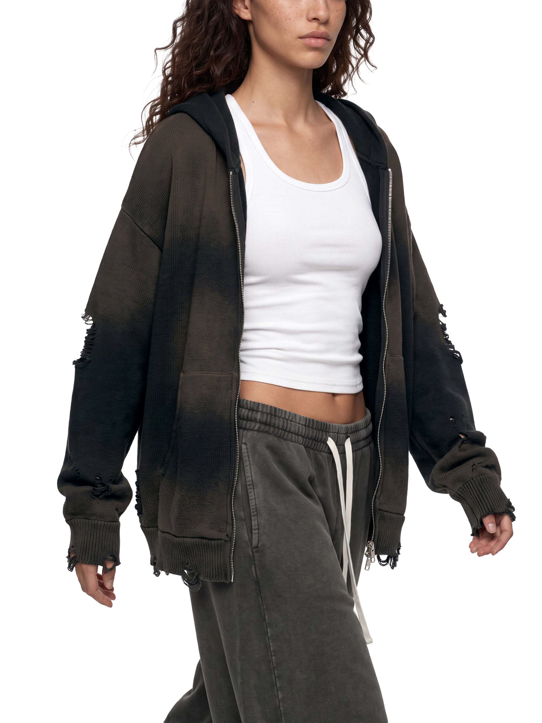 WOMEN HODDIES  Distressed Full Zip Sweater