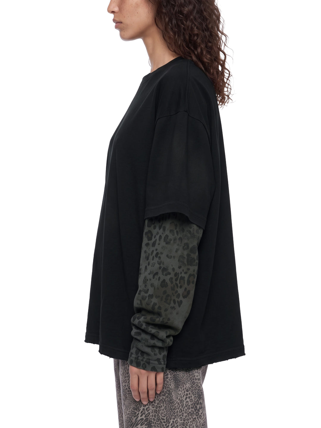 women hoddies  Vintage Wash Leopard Paneled Layer T-Shirt