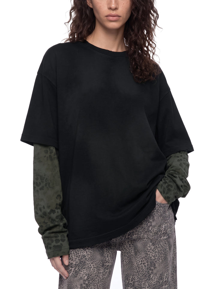 women hoddies  Vintage Wash Leopard Paneled Layer T-Shirt