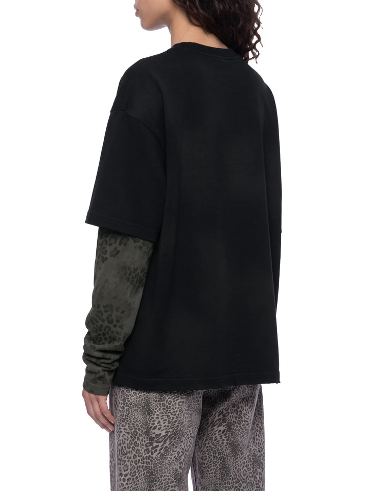 women hoddies  Vintage Wash Leopard Paneled Layer T-Shirt