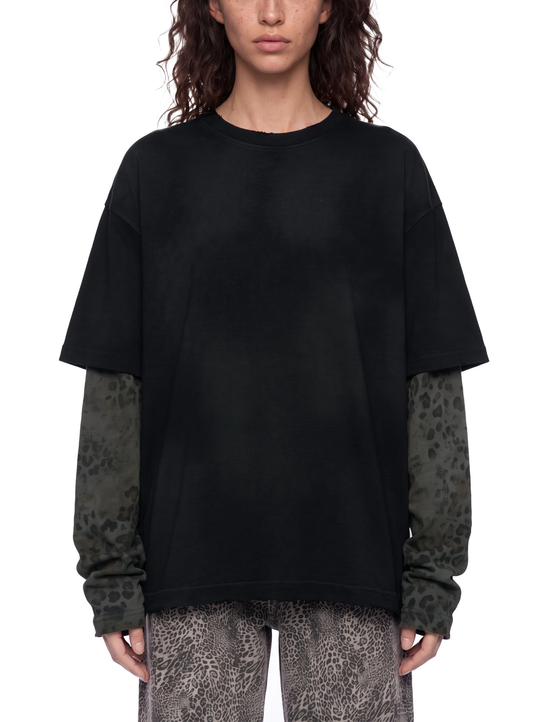 women hoddies  Vintage Wash Leopard Paneled Layer T-Shirt