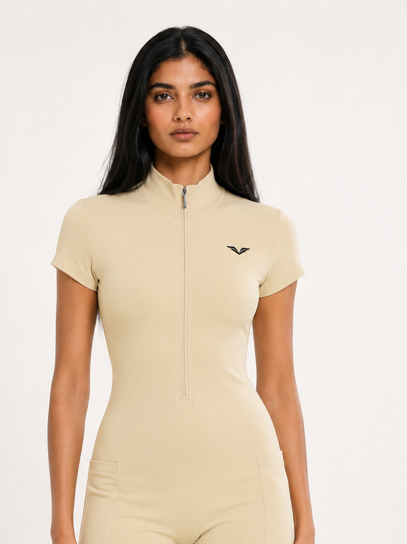 Wing Logo Quarter-Zip Romper — Sand