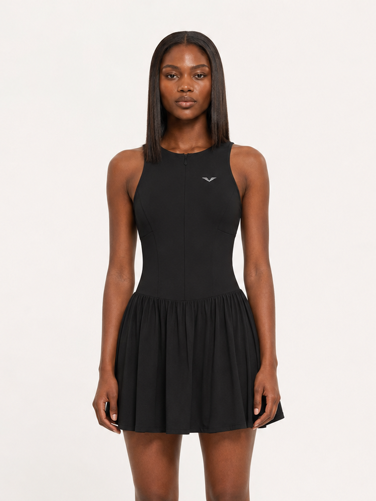Wing Logo Ruched Zip Front Dress — Black