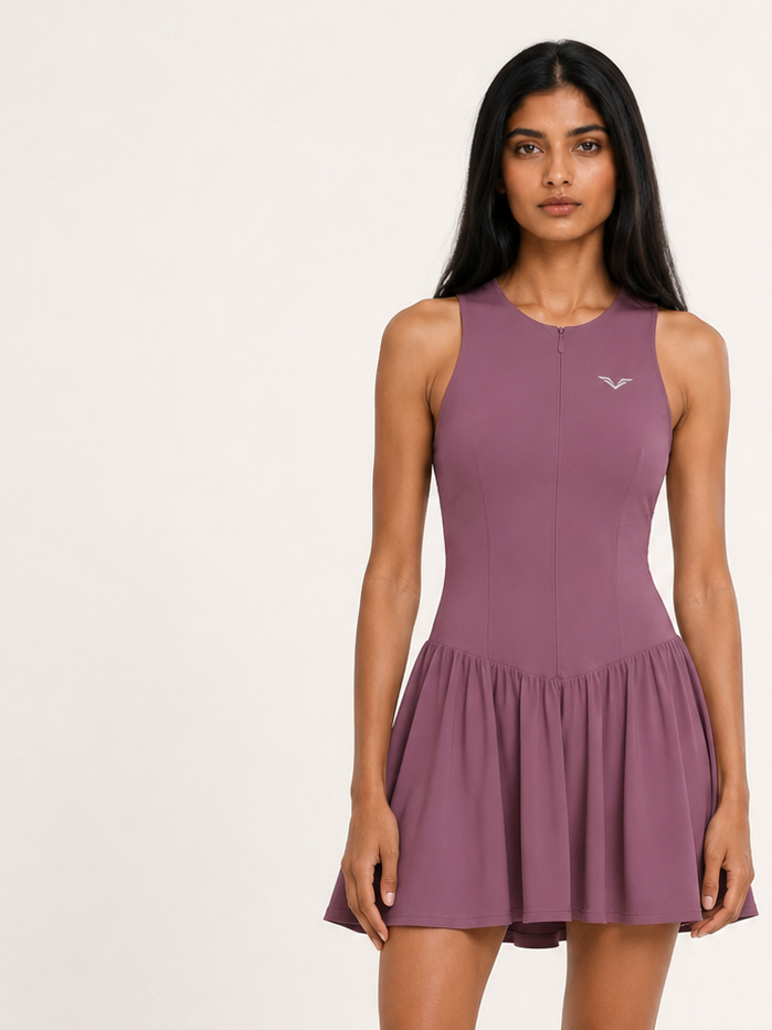 Wing Logo Ruched Zip Front Dress — Mauve